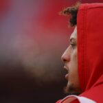 Patrick Mahomes breath shows while warming up prior to playing the Cincinnati Bengals in the AFC Championship