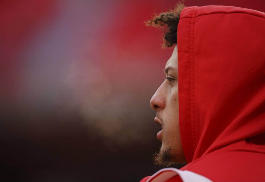 Patrick Mahomes breath shows while warming up prior to playing the Cincinnati Bengals in the AFC Championship